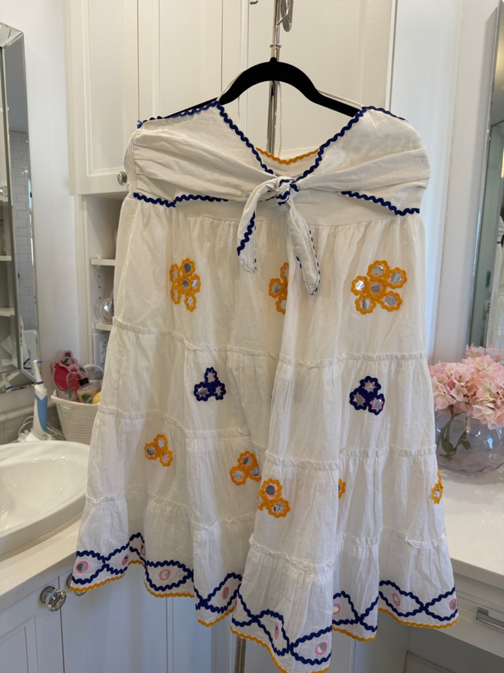Juliet Dunn London White Cotton Dress with Yellow & Blue Floral Embroidery